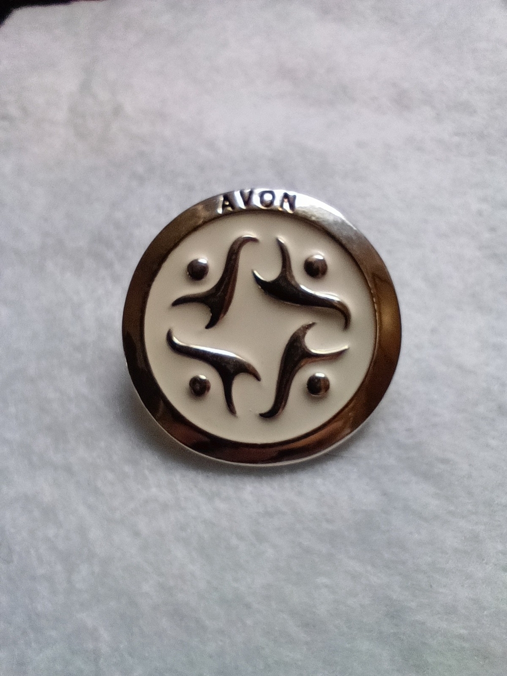 Avon Ivory and Silver Round Enamel Brooch